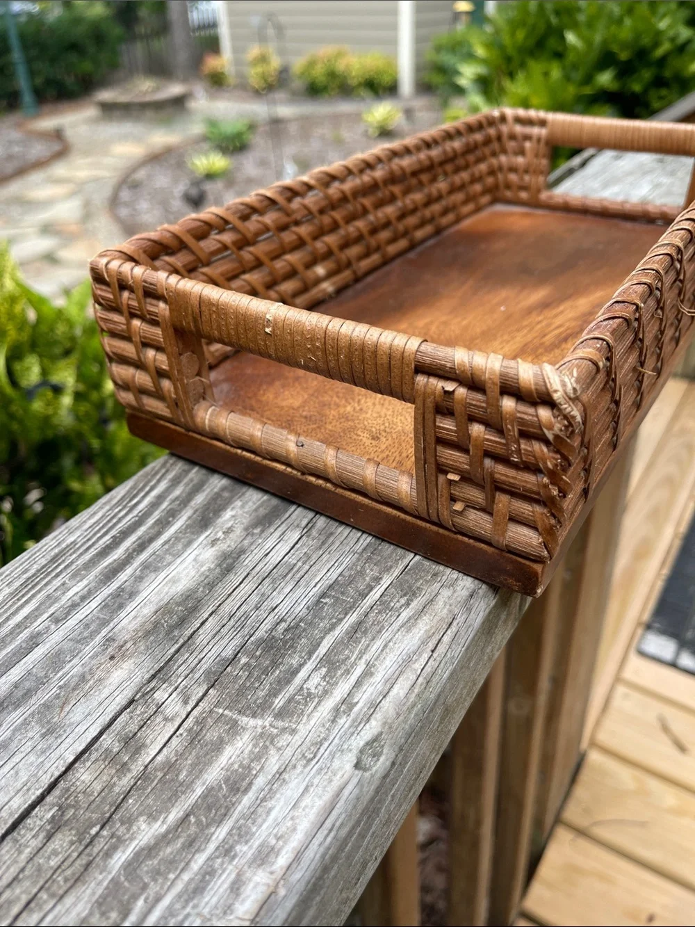 Vintage rattan and wood basket tray set of 2